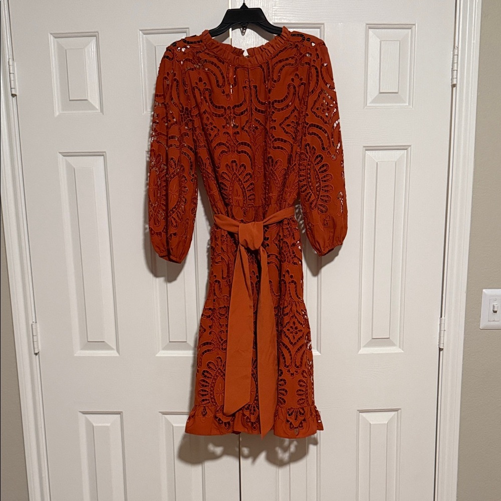 Shoshanna Rust Embroidered Long Sleeve Dress